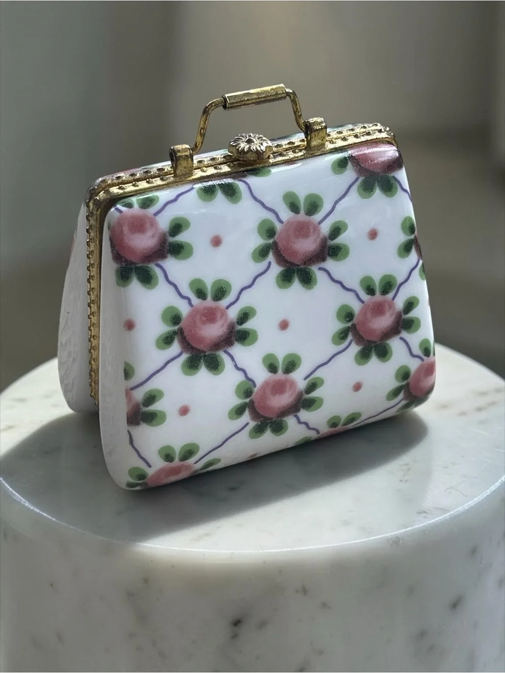 Vintage Porcelain Purse Trinket Box Pink Rose Trellis Hinged Keepsake Box